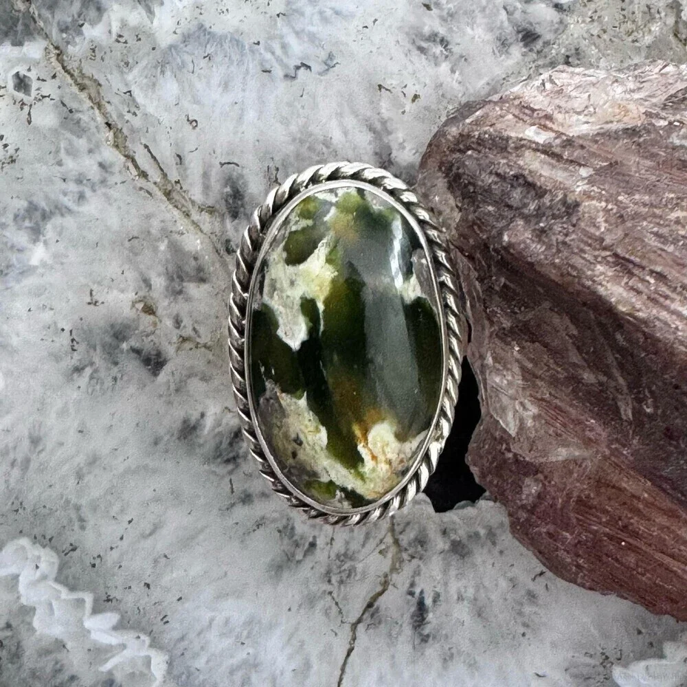 Sterling Southwestern Style Chrome Chalcedony Decorated Ring Size 6.75 For Women